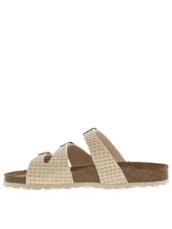 Mules dorées ornées de fil lurex avec trois boucles à ardillon métalliques