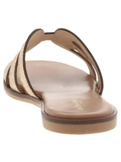 Mules en cuir beiges à semelle plate avec un effet zébré doré à l'avant