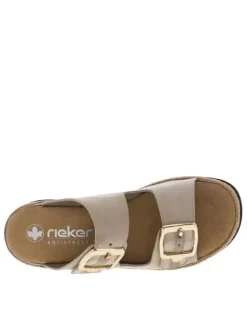 Mules en cuir beiges à talon compensé bas et à sangles à grandes boucles