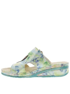 Mules en cuir bleues et vertes avec une fleur et à bande auto-agrippante
