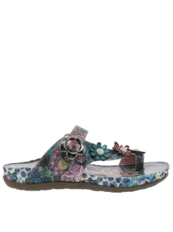 Mules en cuir bleues à semelle plate et à soufflets élastiqués