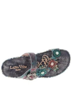 Mules en cuir bleues à semelle plate et à soufflets élastiqués