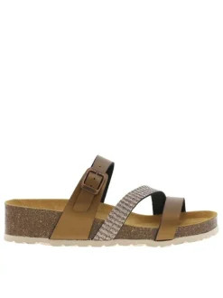 Mules en cuir bronze à talon compensé avec une boucle à ardillon