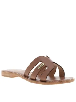 Mules en cuir café à semelle plate avec des surpiqûres ton sur ton