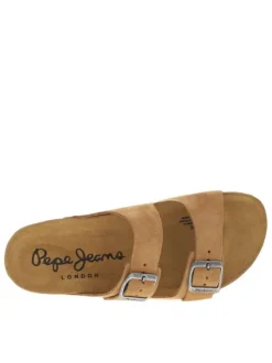 Mules en cuir camel en suède avec deux sangles à boucle à ardillon
