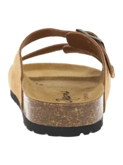 Mules en cuir camel en suède avec deux sangles à boucle à ardillon