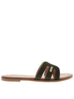Mules en cuir kaki à semelle plate avec un talon décroché bas
