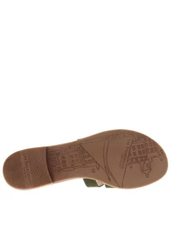 Mules en cuir kaki à semelle plate avec un talon décroché bas