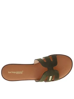 Mules en cuir kaki à semelle plate avec un talon décroché bas