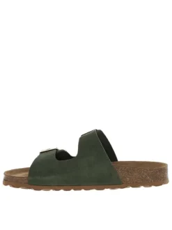 Mules en cuir kaki à talon plat avec deux boucles à ardillon