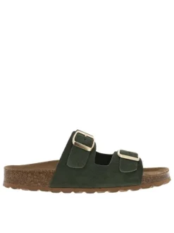 Mules en cuir kaki à talon plat avec deux boucles à ardillon