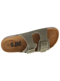 Mules en cuir kaki à talons plats avec deux boucles à ardillon