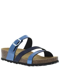 Mules en cuir marine à talon compensé avec une boucle à ardillon