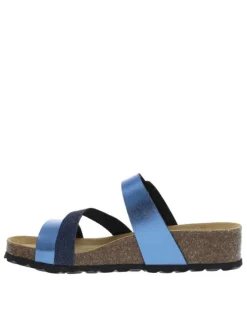 Mules en cuir marine à talon compensé avec une boucle à ardillon