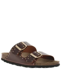 Mules en cuir marron avec boucles à ardillon et clous dorés Made in France