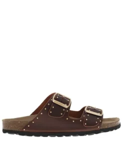 Mules en cuir marron avec boucles à ardillon et clous dorés Made in France