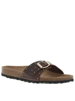 Mules en cuir marron avec une boucle à ardillon et clous dorés Made in France