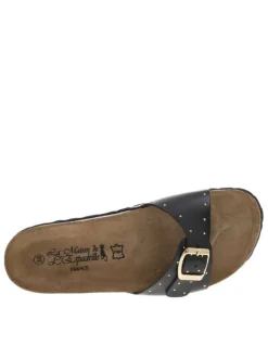 Mules en cuir noires avec boucle à ardillon et clous dorés Made in France