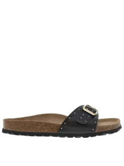 Mules en cuir noires avec boucle à ardillon et clous dorés Made in France