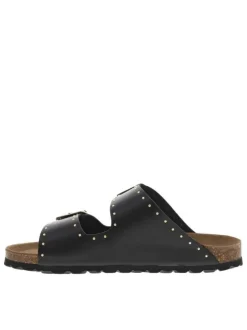 Mules en cuir noires avec 2 boucles à ardillon dorées Made in France