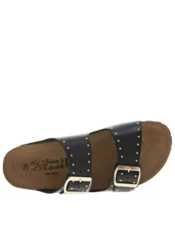 Mules en cuir noires avec 2 boucles à ardillon dorées Made in France