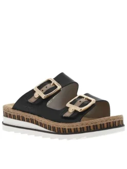 Mules en cuir noires avec deux sangles larges et à talon compensé