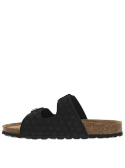 Mules en cuir noires à motif rectangulaire avec deux boucles à ardillon