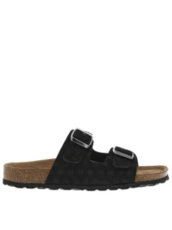 Mules en cuir noires à motif rectangulaire avec deux boucles à ardillon