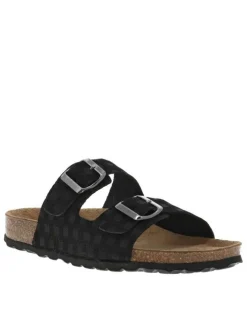 Mules en cuir noires à motif rectangulaire avec deux boucles à ardillon