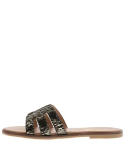Mules en cuir noires à semelle plate avec un effet zébré doré à l'avant