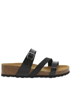 Mules en cuir noires à talon compensé avec une boucle à ardillon