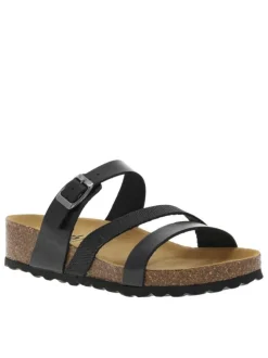 Mules en cuir noires à talon compensé avec une boucle à ardillon