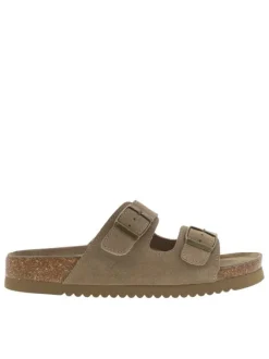 Mules en cuir nubuck taupe avec détail aspect liège et 2 boucles à ardillon
