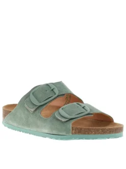 Mules en cuir suède aspect velours turquoise, bandes auto-agrippantes et boucles