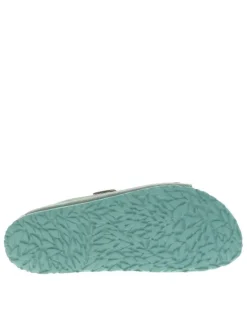 Mules en cuir suède aspect velours turquoise, bandes auto-agrippantes et boucles