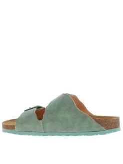 Mules en cuir suède aspect velours turquoise, bandes auto-agrippantes et boucles