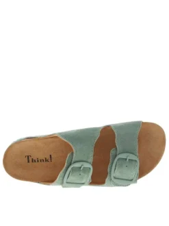 Mules en cuir suède aspect velours turquoise, bandes auto-agrippantes et boucles