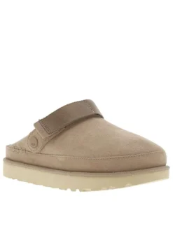 Mules en cuir taupe en daim à semelle plate et à fermeture bande auto-agrippante