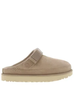 Mules en cuir taupe en daim à semelle plate et à fermeture bande auto-agrippante