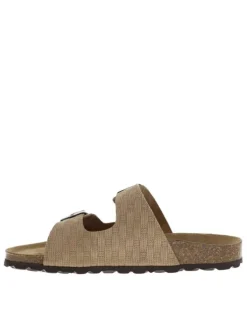 Mules en cuir taupe à motif rectangulaire avec deux boucles à ardillon