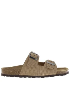 Mules en cuir taupe à motif rectangulaire avec deux boucles à ardillon