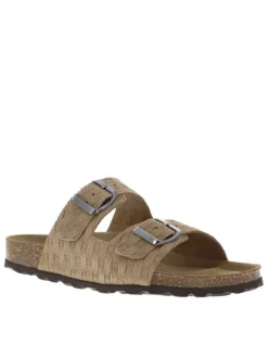 Mules en cuir taupe à motif rectangulaire avec deux boucles à ardillon