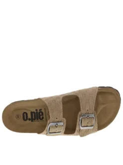 Mules en cuir taupe à motif rectangulaire avec deux boucles à ardillon