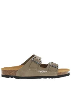 Mules en cuir taupe à sangles à boucle à ardillon et à semelle plate