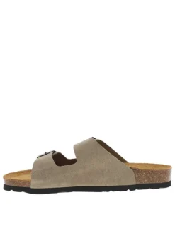 Mules en cuir taupe à sangles à boucle à ardillon et à semelle plate