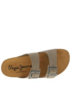Mules en cuir taupe à sangles à boucle à ardillon et à semelle plate