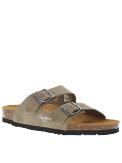 Mules en cuir taupe à sangles à boucle à ardillon et à semelle plate