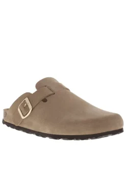Mules en cuir taupe style sabot avec boucle à ardillon à l'extérieur