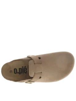 Mules en cuir taupe style sabot avec boucle à ardillon à l'extérieur