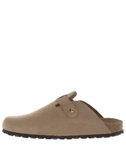 Mules en cuir taupe style sabot avec boucle à ardillon à l'extérieur